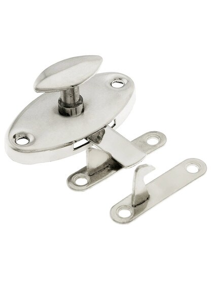 Solid Brass Reversible Oval Hoosier Latch in Polished Nickel.